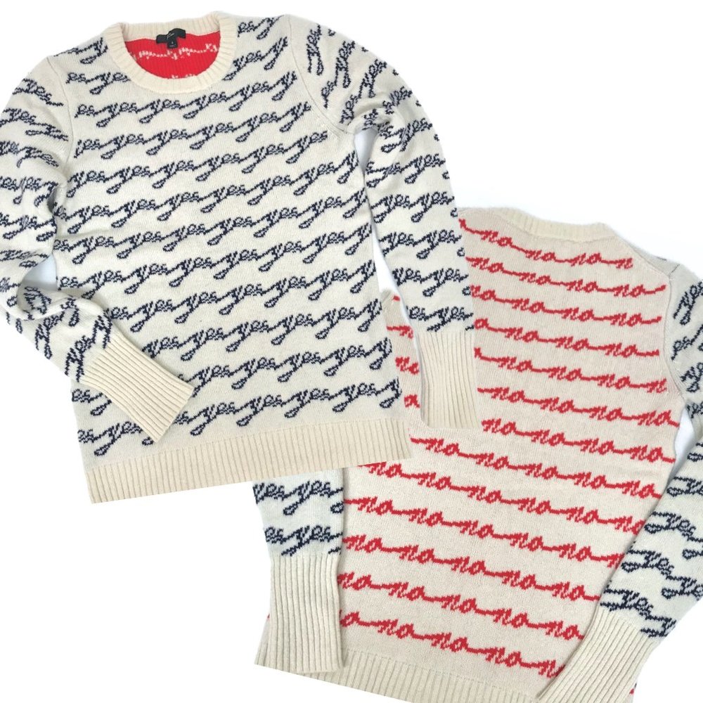 J Crew Red and Blue Yes No Sweater Wool Blend Crew